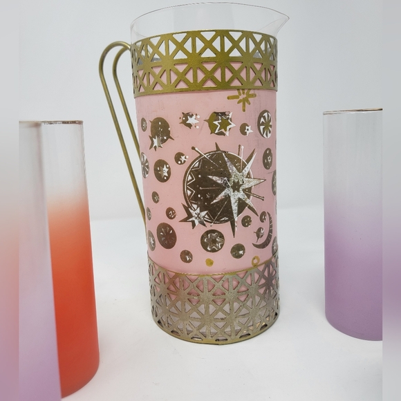 Rare Stunning Vintage Glass Pitcher & 4 Glasses Stars Sun Moons Gold & Pastels - Picture 10 of 12